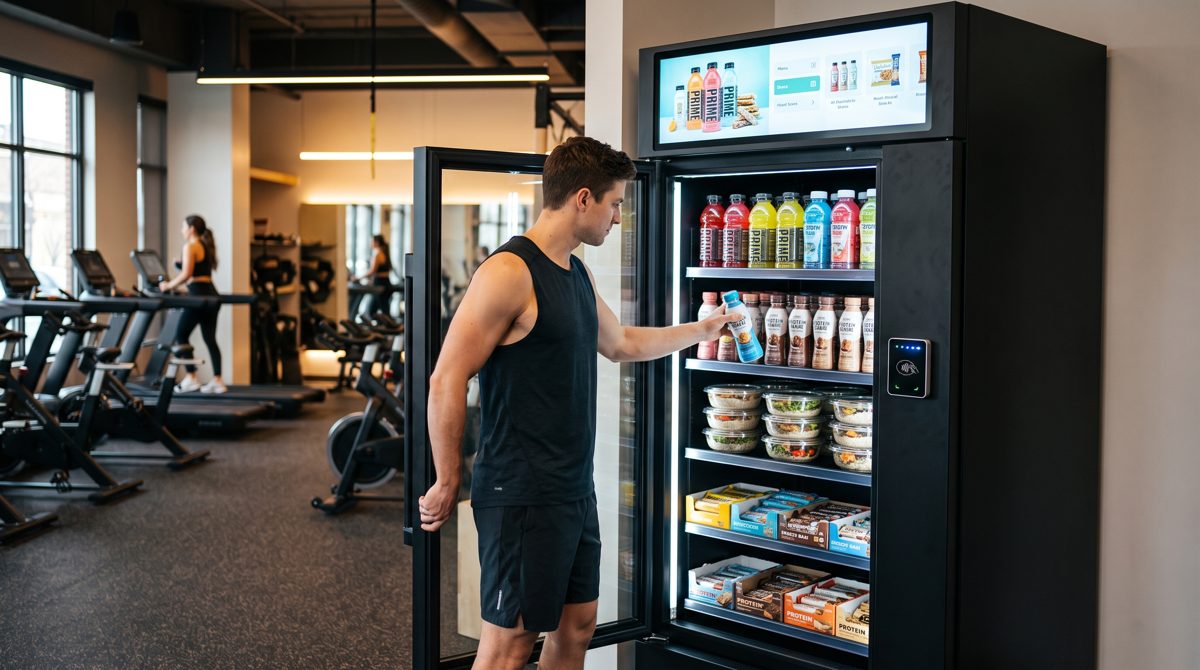 A gym member picking a protein drink from a vending cooler